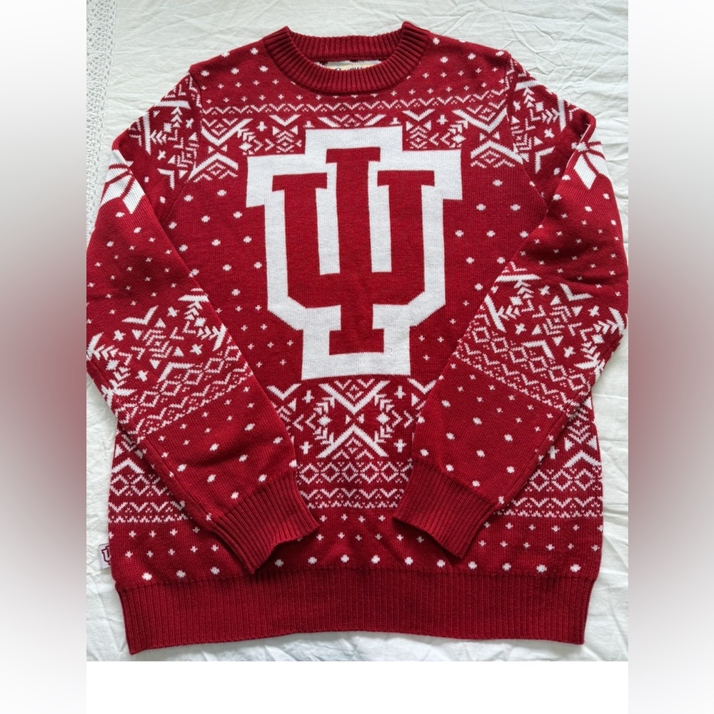 Red and White Crewneck Sweater with Nordic Pattern